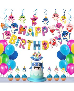 38Pcs Baby Shark Happy Birthday Theme Party Decoration Combo For Boys and Girls, Kids Favors(Banner/Bunting, Swirls, Balloons, Cake Toppers, Cupcake Topper & Ribbons)