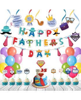 Father's Day 38Pcs Combo Banner/Bunting, Swirls, Balloons, Cake Topper, Cup Cake Toppers & Ribbon For Father's Day, Super Dad, Men Birthday Decoration