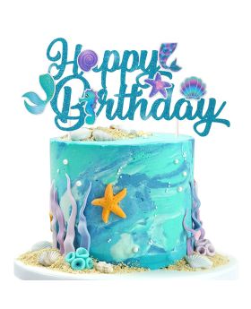 "Happy Birthday" Mermaid theme Cake Topper, Cake Decoration for Under the sea theme Birthday Party- Glitter