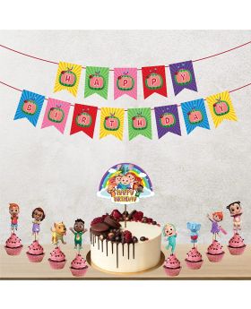 12 pcs- Cocomelon Theme Birthday Combo (Banner, Cake Topper, Cup Cake Toppers)