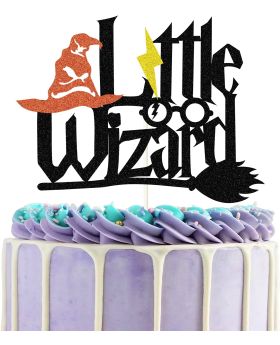 Black Glitter Little Wizard Cake Topper for Wizard Party Decorations, Harry Potter theme party Supplies, Magical Wizard Inspired Cake Decor