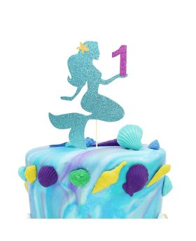 Mermaid Cake Topper for 1st Birthday - Cake Decoration for Party, Glitter Smash Cake Topper, 1 Sign Cake Flag