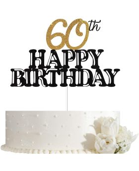 60th Birthday Cake Topper, Black POP Font, 60th Birthday Party Decorations with Black & Gold Glitter