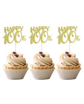 36 PCS Happy 100th Cupcake Toppers Gold Glitter Number 100 Days Baby Birthday Cupcake Picks Decoration for 100th Birthday Celebrating Anniversary Party Supplies