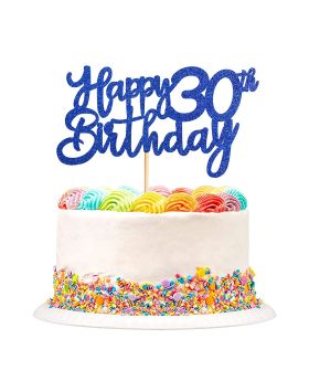 Bule Glitter 30th Happy Birthday Cake Topper Adult Food Picks for Celebrating Thirty Years Old Birthday Anniversary Party Decorations Supply