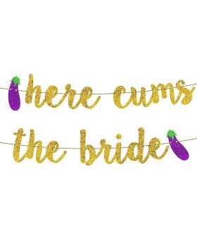 Bachelorette Party Banner "Here Comes The Bride" -Gold Glitter For Bridal Shower, Engagement & Wedding 