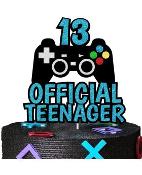 13th Game Official Teenager Cake Topper - Black Gold Red Blue Glitter for 13 Years Old Game Party Decoration