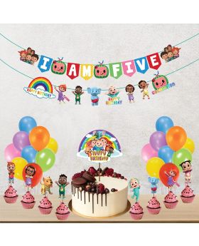 Cocomelon Theme "I Am Five Kids" 5th Birthday Combo,Birthday Decoration Photoshoot Backdrop and Theme Decor Combo(Banner with Character Cutout,Cake Topper,Cup Cake Toppers & Balloons)