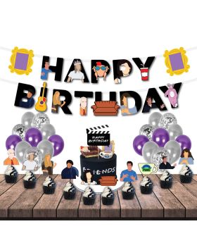37Pcs Friends BLACK Themed Combo4 - Banner, Cake Topper, Cupcake Topper, Multicolor & Confetti Balloons For Friends Birthday Party Decorations - Friends tv Show Party Decorations & Birthday Party Celebration
