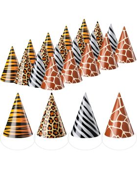 Festiko® Animal Print Theme Party Cone Hats, Jungle Animal Safari Theme Birthday Party Cone Paper Hats, Zoo Birthday Party Hats For Kids