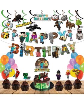 Festiko®57 Pcs Minecraft Birthday Party Decorations,Happy Birthday Decoration,Mine Craft Theme Decoration for Kids Boys Adults Party Supplies Combo Banner,Swirls,Cake Topper,Cup Cake Toppers,Balloons