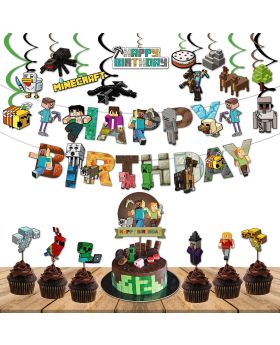 Festiko®32 Pcs Minecraft Birthday Party Decorations,Happy Birthday Decoration,Mine Craft Theme Decoration for Kids Boys Adults Party Supplies Combo Banner,Swirls,Cake Topper,Cup Cake Toppers