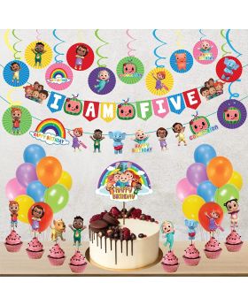 Cocomelon Theme "I Am Five Kids" 5th Birthday Combo,Birthday Decoration Photoshoot Backdrop and Theme Decor Combo(Banner with Character Cutout,Swirls,Cake Topper,Cup Cake Toppers & Balloons)