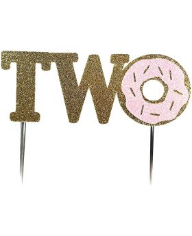 Design Studio Handmade 2nd Donut Birthday Cake Topper Decoration - Two - Gold Pink Glitter Stock