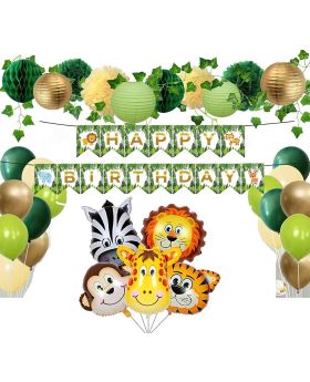 Set of 37 Jungle Animal Theme Decoration Happy Birthday Photo Banner, Jungle Foil Balloons & Multicolor Balloons For Theme Birthday Decoration