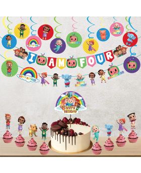 24 pcs- Cocomelon Theme Combo for 4th birthday (Banner with Character Cutout, Swirls, Cake Topper, Cup Cake Toppers)