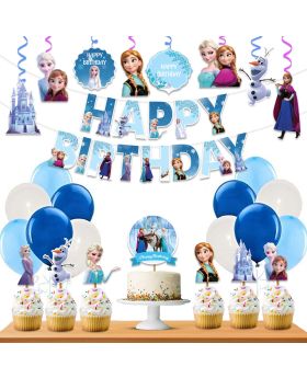 36 pcs- Frozen Theme Combo, Birthday Decoration Supplies (Banner/Bunting, Swirls, Balloons, Cake Toppers, Cup Cake Toppers) 