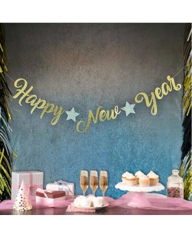 Festiko® Happy New Year Banner with a Star Accents in Gold Silver Glitter Sign Custom Garland Bunting Script Lettering Wall Decoration Party