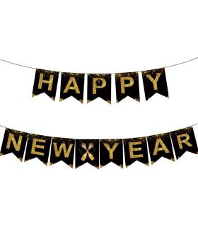 Festiko® Gold and Black Happy New Year Banner, Happy New Year Party Banner , Gold Happy New Year Eve Party Decorations, Christmas Hanging Decorations