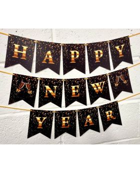 Festiko® happy new year gold and black Banners. Bunting Beautiful new years eve flag style bunting